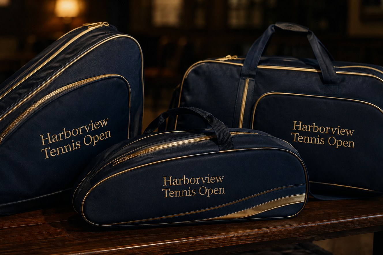 Custom printed tennis bags with embroidered club logo on a bench