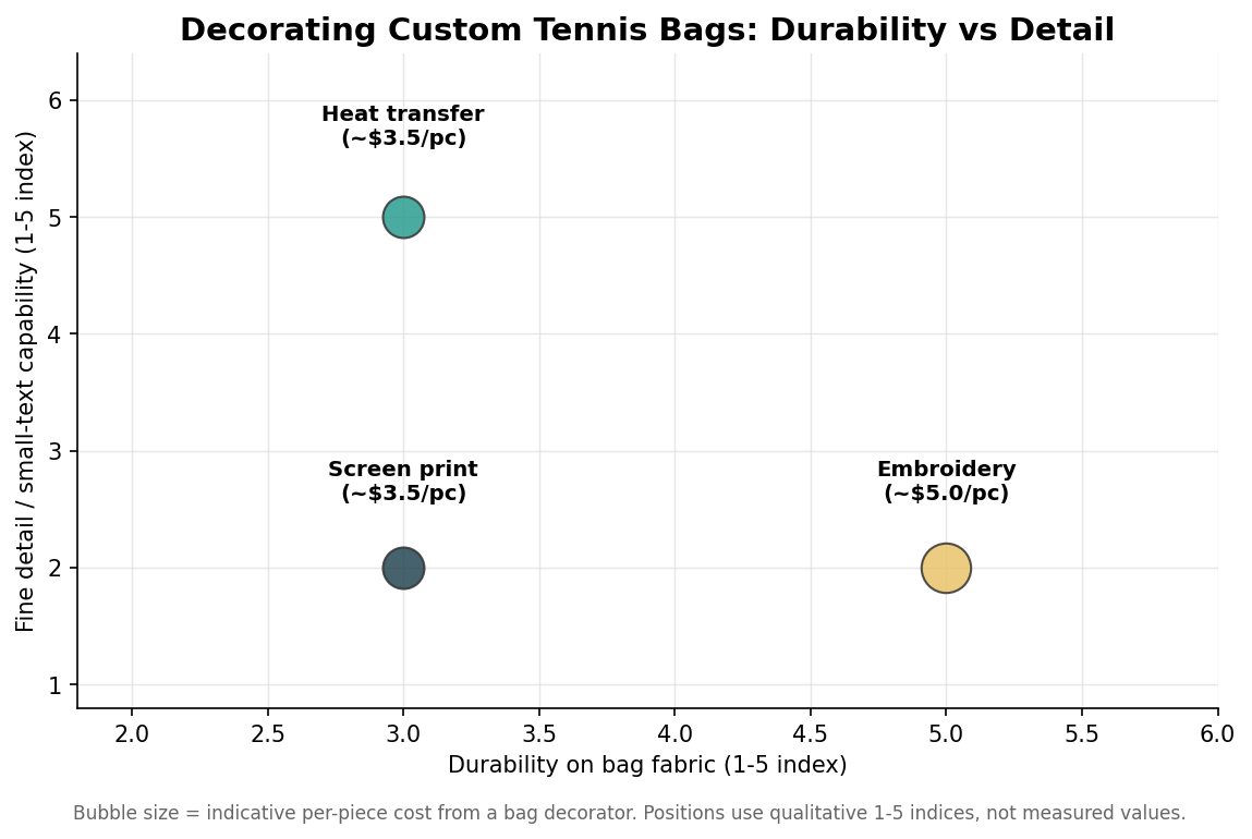 Bubble scatter of tennis bag decoration methods by cost, durability, and fine-detail capability